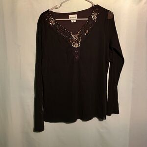 MotherHood Black Long Sleeve Top – Sequin Embellished V-Neck Blouse Size: Large